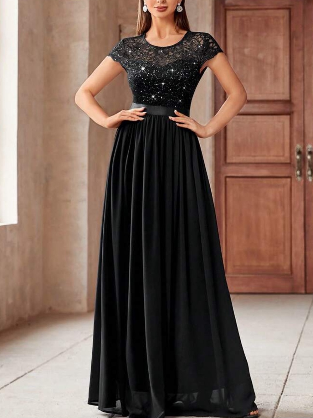 Elegant Black Lace & Chiffon Maxi Dress